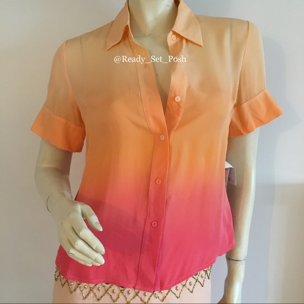 orange ombré silk short sleeve button down size 6p petite